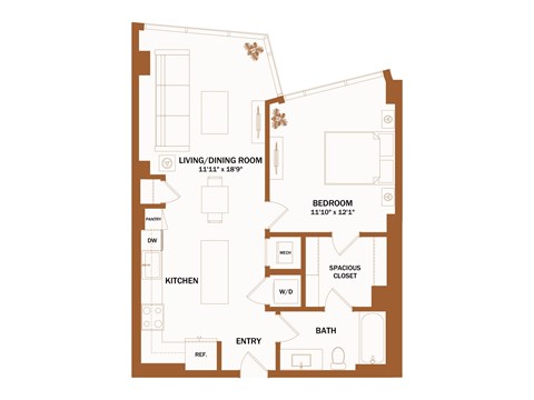 A floor plan of a house with a living/dining room, kitchen, bath, bedroom, and a spacious closet.